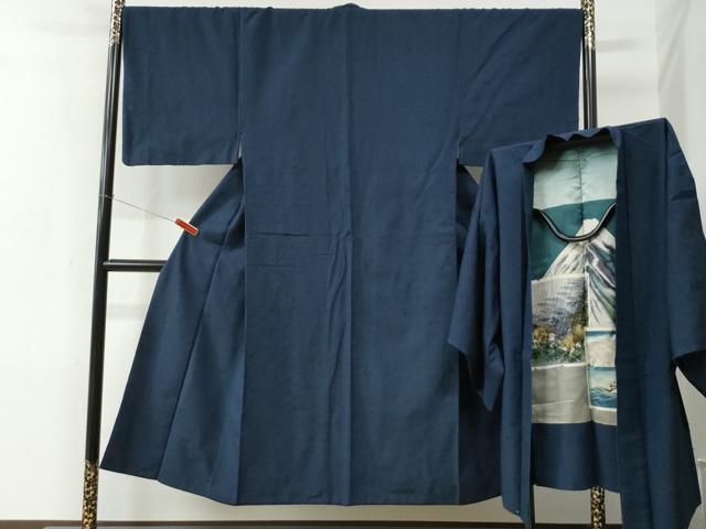 長閑やかさ屋御召しもの●成人男性 髭紬 合奏団 色無地 留紺色 正絹 珠玉 CABC6994yc