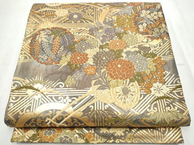 平和屋着物●佐賀錦　六通柄袋帯　唐織　雪輪花車文　金糸　正絹　逸品　CABD5917hy｜平和屋