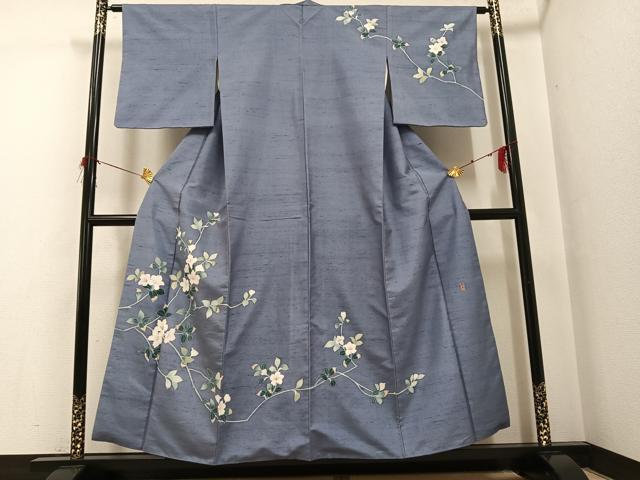 平和屋着物●訪問着 紬地 友禅 作家物 枝椿 正絹 逸品 AABG7094ph|平和屋
