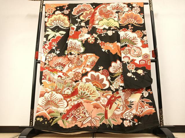平和屋本店●アンティーク 大正ロマン 振袖 駒刺繍 御所車花文 黒地 金糸 金彩 正絹 逸品 AABG4419fy
