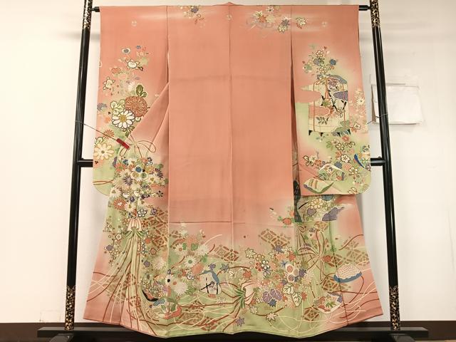 平和屋本店●アンティーク　大正ロマン　振袖　駒刺繍　貝合わせ花束文　暈し染め　金彩　正絹　逸品　CABD8179vp｜平和屋