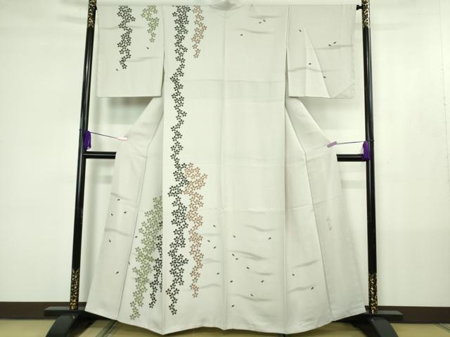平和屋着物●極上 日本画家 手描き作家 デザイナー 高橋威至 BANKANわものや 訪問着 舞桜 白梅鼠色地 反端付き　逸品　未使用　DZAB4411kh6｜平和屋