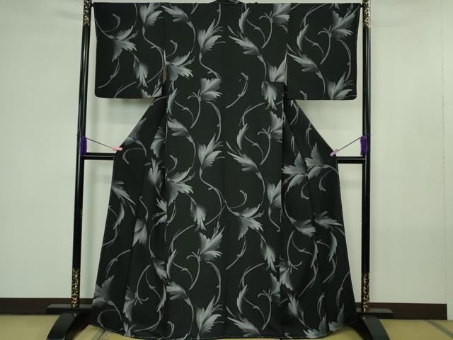 平和屋着物●極上 小紋 枝花文 黒地 逸品 未使用 DZAB4402kh6