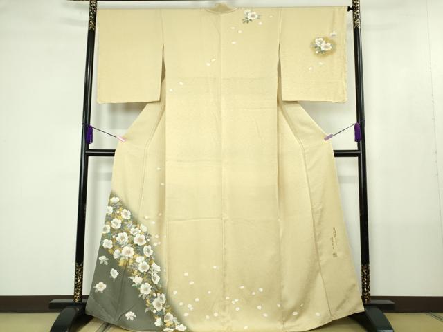 長閑やかさ屋御召しもの●飛び切り 短い訪問着 絵描き物 吉祥花現われ はまなす 蒸栗色地 暈し染め 金彩 珠玉 未当て嵌める DZAB4425kh6