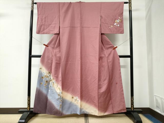 長閑やかさ屋御召しもの●染めつける絵描き 草野一騎 短い訪問着 グレープ蔦の葉文 暈し染め 金彩 正絹 珠玉 CABC6717yc