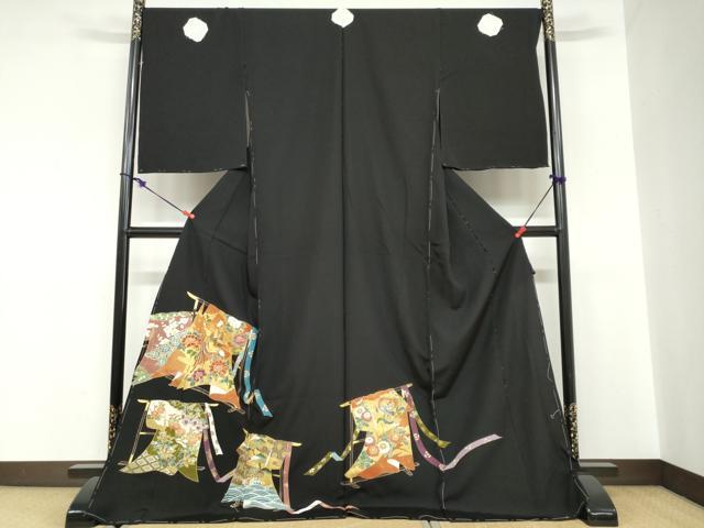 平和屋着物●豪華黒留袖　駒刺繍　誰が袖鳳凰草花文　金彩　仮絵羽　正絹　逸品　未使用　DABC2035ud｜平和屋