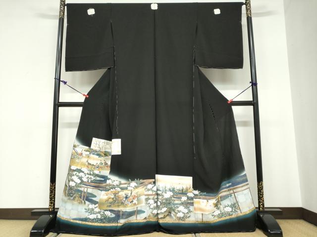 平和屋着物●豪華黒留袖 御所車人物風景文 金彩 仮絵羽 正絹 逸品 未使用 DABC2036ud|平和屋