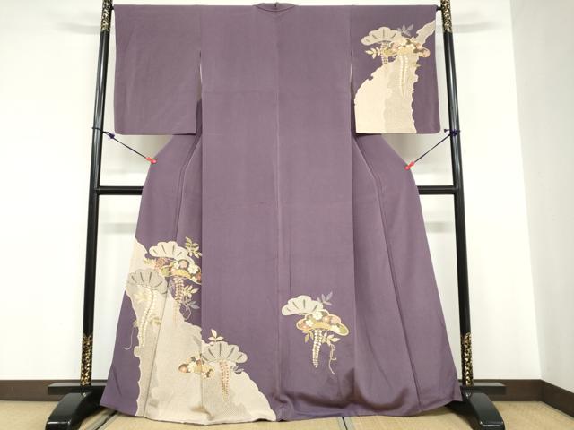 長閑やかさ屋御召しもの●短い訪問着 草花松文 金彩 鬼しぼクレープ 正絹 珠玉 DABC2079ud