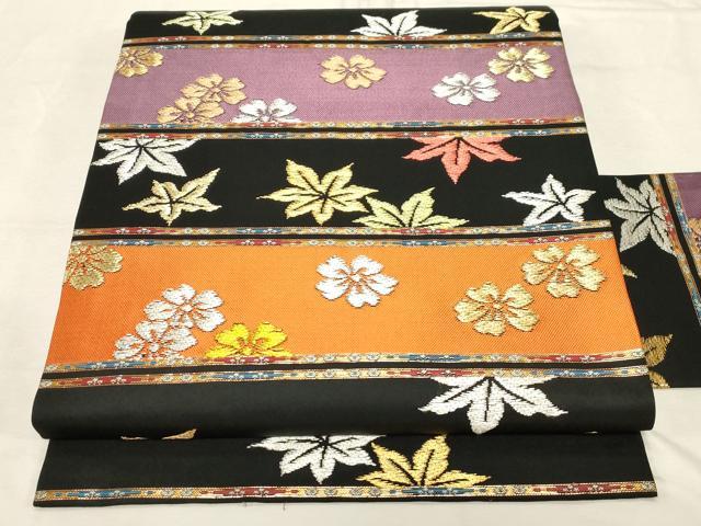 平和屋着物●九寸名古屋帯　春秋段文　黒地　本金入　正絹　逸品　CABD4104dy｜平和屋