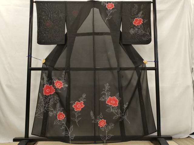 平和屋着物＊夏物 訪問着 絽 絞り 更紗花文 黒地 正絹 逸品 AABJ8825st｜平和屋