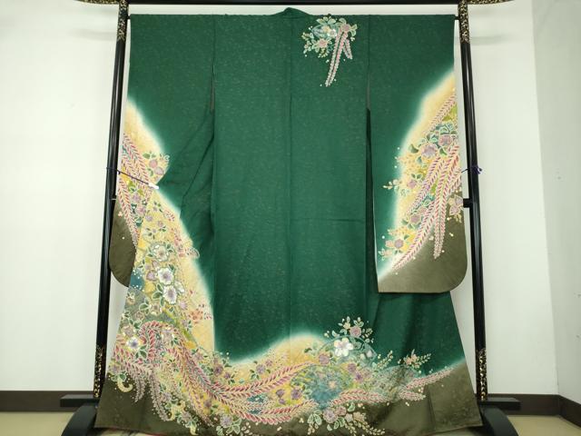 長閑やかさ屋御召しもの●晴れ晴れしい振袖 絞り 辻が花 暈し染め 金通し地 正絹 珠玉 DABB4710ps