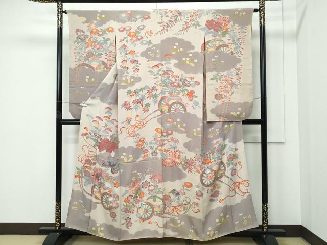 平和屋本店●極上　アンティーク　大正ロマン　振袖　駒刺繍　雲取り花車文　逸品　CZAA5330s6｜平和屋