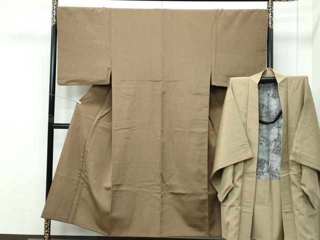 長閑やかさ屋中央局●御前上等 成人男性 紬・長羽織書き割り 色無地 御召しもの：朽葉色 羽織：利休赤銅色 珠玉 CZAA5368s6