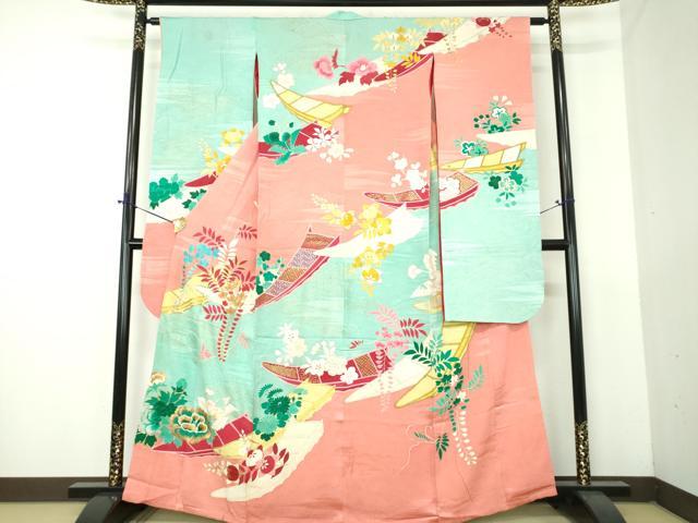 平和屋本店●アンティーク 大正ロマン 振袖 駒刺繍 吉祥花舟 金銀彩 正絹 逸品 DABG8262ps|平和屋