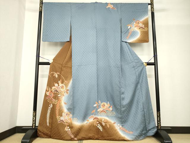 長閑やかさ屋御召しもの●短い訪問着 吉祥花蝶文 正絹 珠玉 AABF9001ck