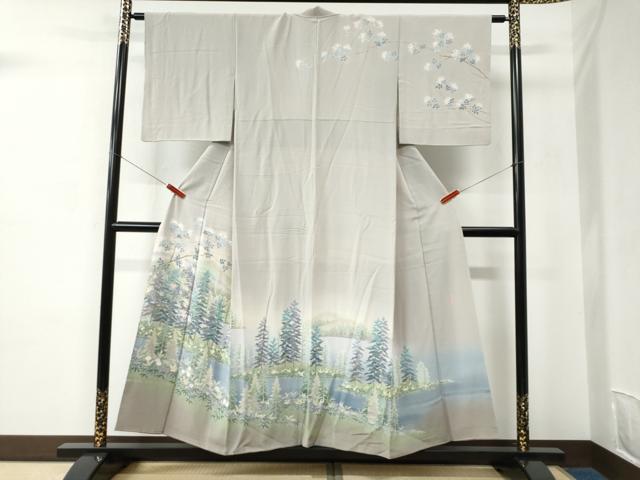 平和屋-こころ店□訪問着 手描き 風景樹林文 暈し染め 正絹 逸品