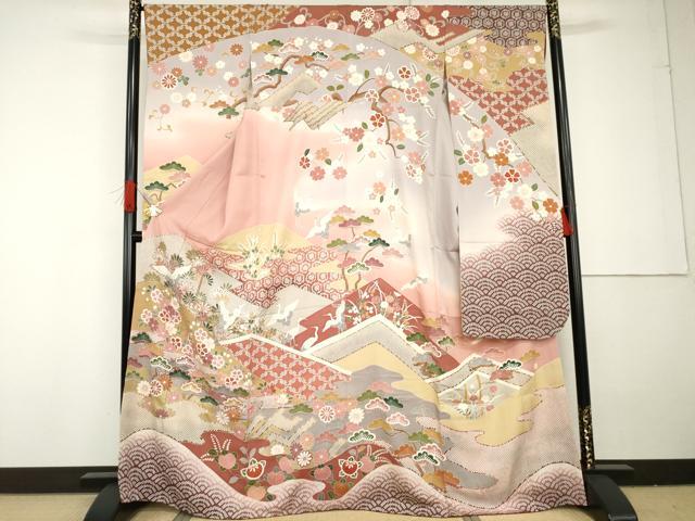 長閑やかさ屋御召しもの●晴れ晴れしい振袖 友禅 絵描き物 飛鶴梅松花文 暈し染め 金彩 正絹 珠玉 AABG3594cs