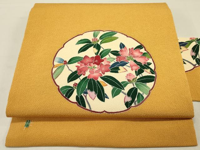 長閑やかさ屋御召しもの●九寸名古屋帯 友禅 絵描き物 被子植物 鬼しぼクレープ 正絹 珠玉 DABD0153op