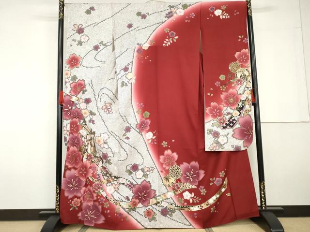 長閑やかさ屋御召しもの●晴れ晴れしい振袖 辻が花 鹿の子御所車花毬文 暈し染め 金彩 正絹 珠玉 AABG5286cs