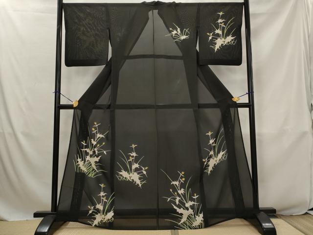 平和屋着物*夏物 訪問着 絽 草花文 黒地 正絹 逸品 AABJ8815st|平和屋
