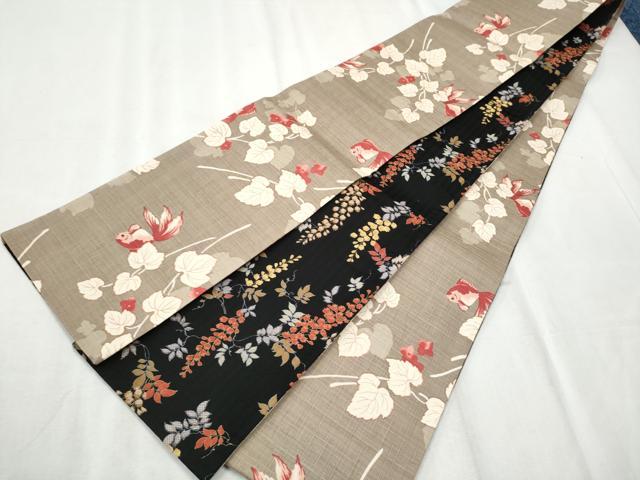 平和屋着物●両面　半幅帯　金魚　枝花文　綿　逸品　CABD5948hy｜平和屋