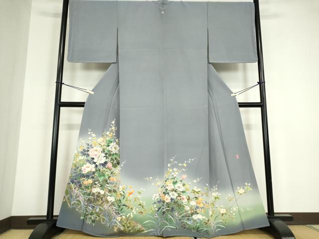 長閑やかさ屋御召しもの●十日町友禅絵描き 岡村蒼風 色留袖 籬花文 暈し染め 反端付き添い人 正絹 珠玉 未当て嵌める DABC3195az