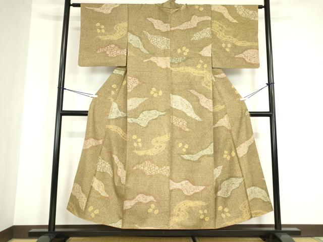 長閑やかさ屋御召しもの●石川県決める無形文化財 牛首紬 白山細工場 手織り 絞り 霞花文 正絹 珠玉 DABC3207az