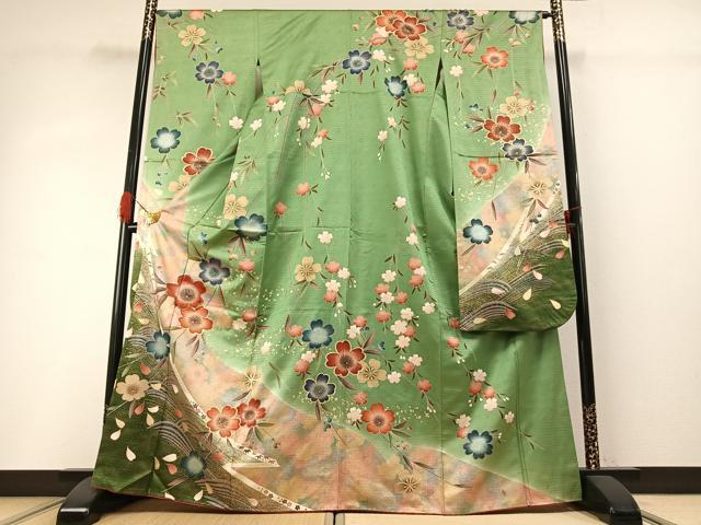 長閑やかさ屋御召しもの●晴れ晴れしい振袖 駒刺しゅう 被子植物文 暈し染め 金彩 正絹 珠玉 AABG4363fy