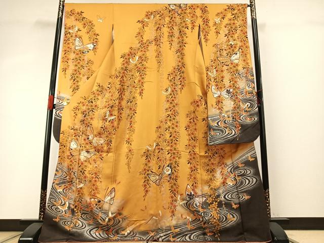 長閑やかさ屋御召しもの●晴れ晴れしい振袖 花蝶文 暈し染め 銀彩 金通し地 正絹 珠玉 AABG4366fy