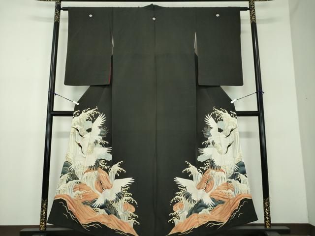 平和屋着物●アンティーク　大正ロマン　黒留袖　駒刺繍　手描き　立波飛鶴文　金彩　正絹　逸品　DABD1069ps｜平和屋
