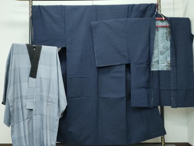 長閑やかさ屋御召しもの●御前上等 成人男性 紬 合奏団 長襦袢書き割り キングサイズ 濃紺色地 珠玉 未当て嵌める CZAA5461s6