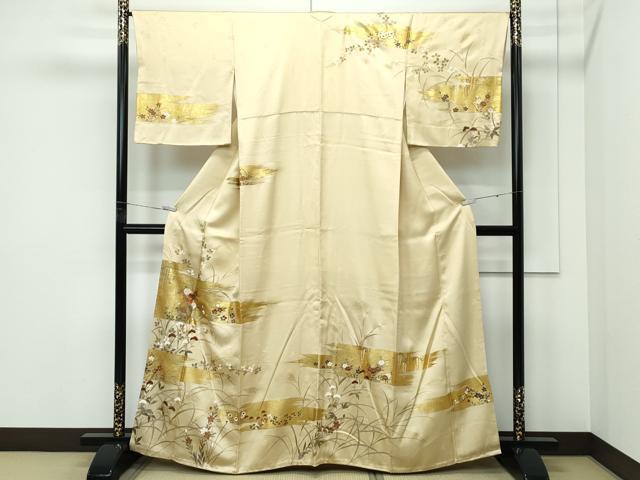 長閑やかさ屋御召しもの●飛び切り 短い訪問着 駒刺しゅう 霞被子植物文 金彩 金髪色地 鈴乃屋取りまわし 珠玉 CZAA5333s6