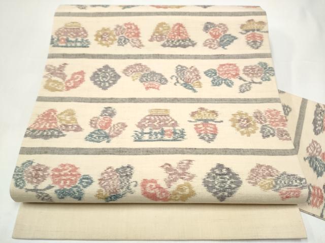平和屋着物●九寸名古屋帯　紬地　風景花蝶文　正絹　逸品　CABI0277hy｜平和屋