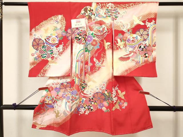 長閑やかさ屋御召しもの[]お宮参り うしろ帯 祝着 産着 初着 のしめ 飛鶴鞠花蝶文 暈し染め 金彩 箱付き添い人 珠玉 未当て嵌める DABC5105ma