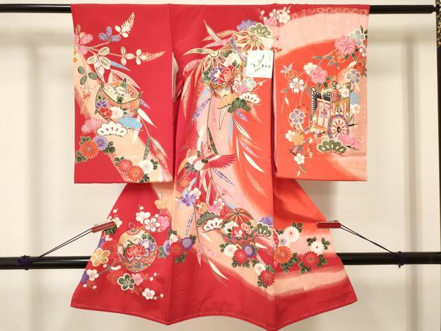 長閑やかさ屋御召しもの[]お宮参り うしろ帯 祝着 産着 初着 のしめ 飛鶴鈴花文 暈し染め 金彩 箱付き添い人 珠玉 未当て嵌める DABC5106ma