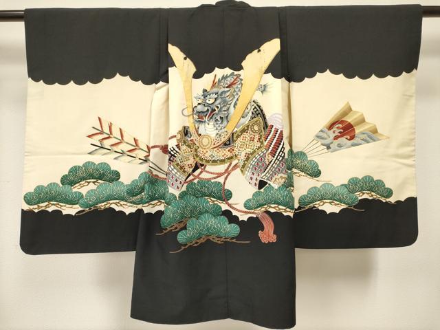 平和屋着物[]男の子　子供　羽織　駒刺繍　龍　兜　扇面立波矢羽松文　金彩　DABC5118ma｜平和屋