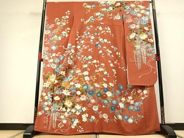 長閑やかさ屋御召しもの●晴れ晴れしい振袖 友禅 枝花文 現ナマ彩 正絹 珠玉 AABG4406fy