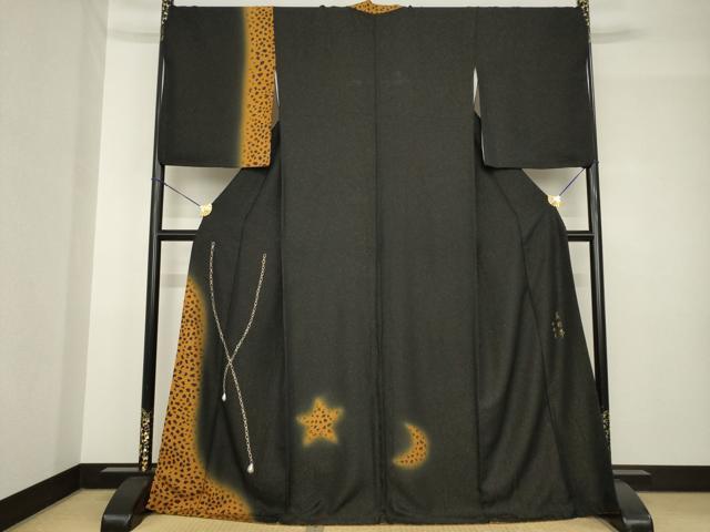 長閑やかさ屋御召しもの●短い訪問着 美彩夢 ヒョウ柄 黒地 金彩 金通し地 ロング丈 正絹 珠玉 AABH4275ck