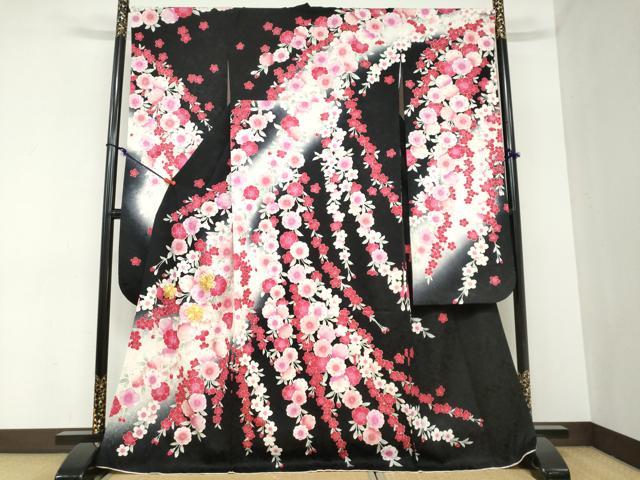 平和屋着物●豪華振袖 駒刺繍 枝垂れ草花文 黒地 正絹 逸品 DABC2440ud|平和屋