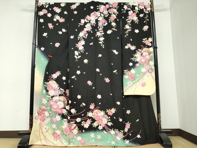 平和屋着物●豪華振袖 花鞠文 暈し染め 金彩 黒地 正絹 逸品 DABC2444ud|平和屋