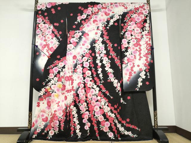 平和屋着物●豪華振袖　駒刺繍　枝垂れ草花文　黒地　金彩　正絹　逸品　DABC2446ud｜平和屋