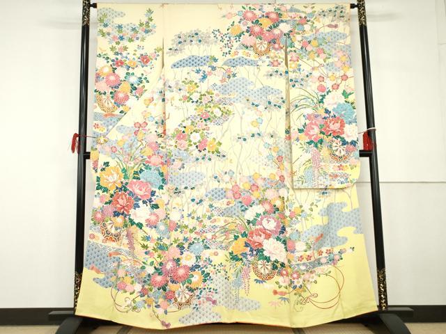 長閑やかさ屋御召しもの●晴れ晴れしい振袖 絵描き物 吉祥割れ易い文 暈し染め 正絹 珠玉 AABG9910cs