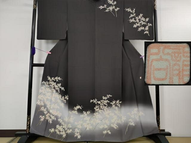 長閑やかさ屋中央局●御前上等 名家染元 秀美 十日町友禅 短い訪問着 枝花文 紫黒いこと地 暈し染め 珠玉 未当て嵌める DZAB5192kh6