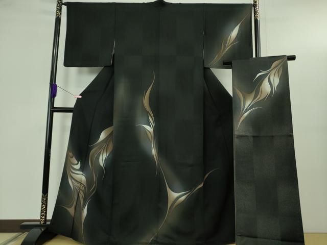 長閑やかさ屋中央局●御前上等 京都の名家ブランド名 銀花仙 短い訪問着・袋帯仕掛ける 黒地 暈し染め 金彩 珠玉 DZAB5196kh6