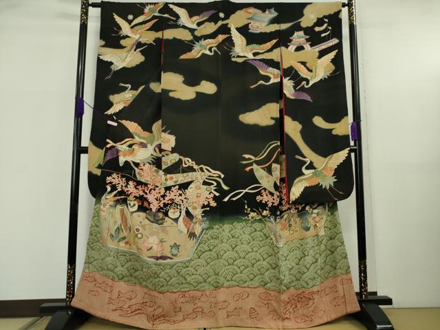 平和屋本店●極上 アンティーク 大正ロマン 振袖 駒刺繍 鶴亀 宝船 黒地 逸品 DZAB5602kh6|平和屋