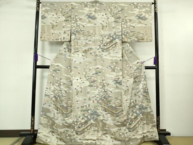 平和屋本店●極上　中国三大刺繍　スワトウ刺繍　汕頭刺繍　訪問着　城下町人物文　亜麻色地　鬼しぼ縮緬　金糸　逸品　DZAB5622kh6｜平和屋