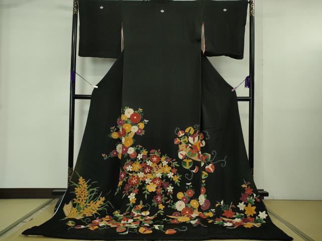 長閑やかさ屋中央局●より良い アンティーク 大正物語り お引きずり・お引き摺り 黒留袖 おどり子 女芸者 女芸者 駒刺しゅう 花舟 珠玉 DZAB5625kh6