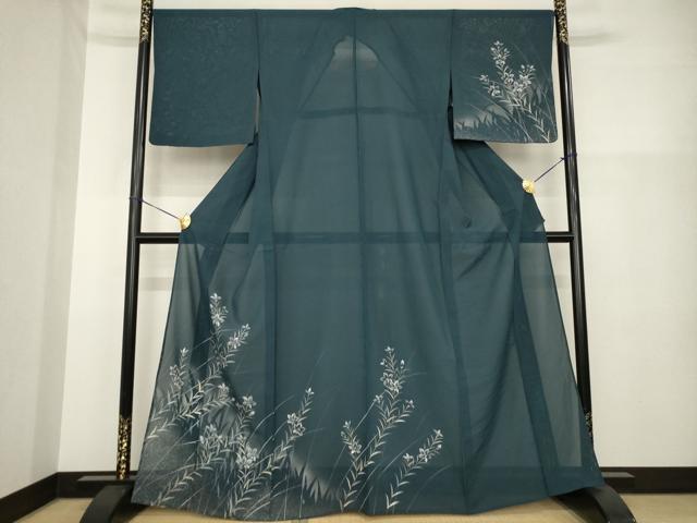 長閑やかさ屋御召しもの＊夏物 短い訪問着 絽 墨付き 被子植物文 銀彩 正絹 珠玉 AABH1973ck