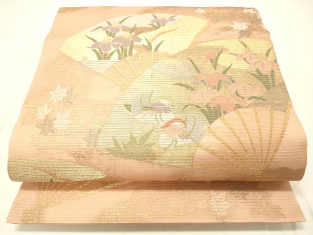 長閑やかさ屋お召しもの＊夏物 六通柄袋帯 扇子鴛鴦花ショウブ 現ナマ糸 正絹 珠玉 DABC8806糎