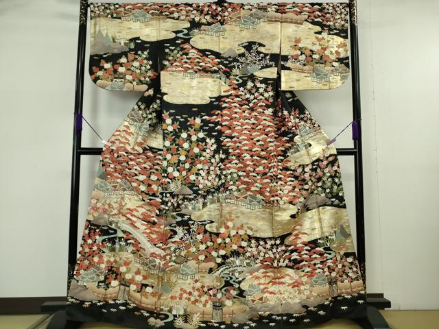 長閑やかさ屋中央局●最御前上等 中国三大刺しゅう スワトウ刺しゅう 汕頭刺繍 相良刺しゅう 短い訪問着 渡橋見晴らし花文 黒地 金通し地 本金箔 珠玉 DZAB5647kh6